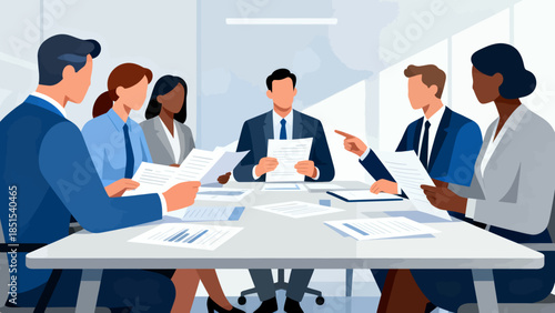 A group of people are sitting around a table with papers in front of them. The man in the center is pointing at something on the papers. Scene is serious and focused