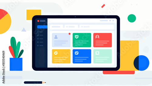 A computer screen with a colorful background and a green plant in the foreground. The screen is displaying a variety of icons and buttons, suggesting that it is a multi-functional device