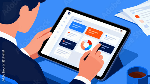 A man is using a tablet to look at a screen with a pie chart. He is touching the screen with his finger
