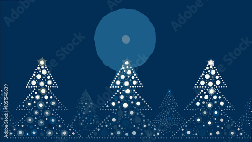 Festive Christmas trees under a moonlit winter night sky