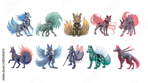 set of colorful horses cartoon anime