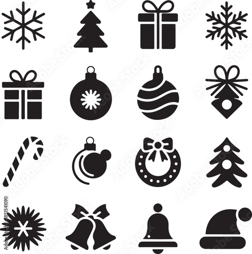 Christmas and winter holiday icons set vector illustration featuring snowflakes trees gifts ornaments candy cane wreaths bells and santa hat for festive designs and season greetings