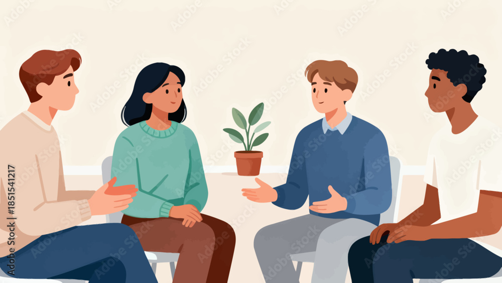 Obraz premium A group of people sitting together and one of them is holding a plant. Scene is friendly and relaxed