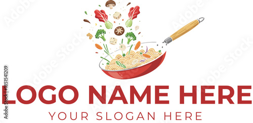 Frying pan logo vector with tossed vegetables, mushrooms, and herbs for cooking or restaurant branding