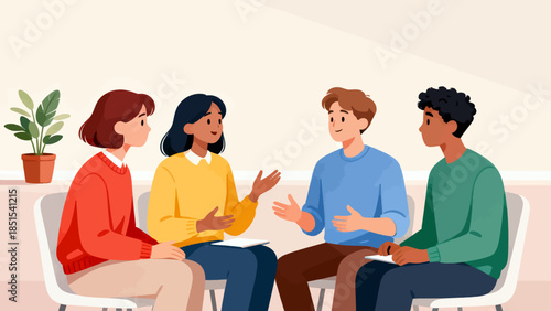 A group of people sitting together in a room, one of them is reading a book. Scene is friendly and relaxed