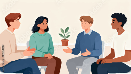 A group of people sitting together and one of them is holding a plant. Scene is friendly and relaxed