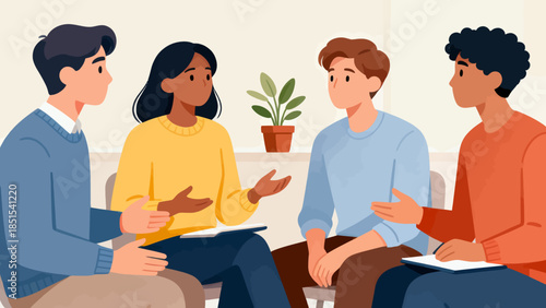 A group of people are sitting together in a room. One of the people is holding a book