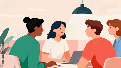 A group of people are sitting around a table with a laptop open. They are all smiling and seem to be enjoying each other's company. Concept of camaraderie and collaboration