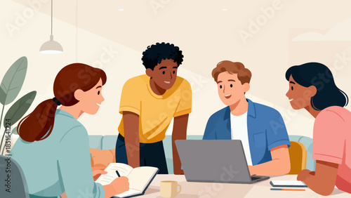 A group of people are sitting around a table with a laptop open. They are working together on a project