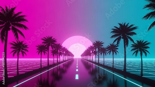 Neon Tropical Road with Palm Trees at Sunset.