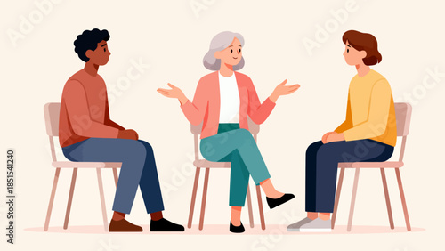 Three people are sitting in chairs and talking to each other. The woman in the middle is wearing a pink jacket