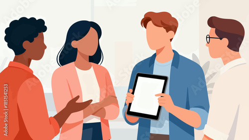 A group of people are standing around and one of them is holding a tablet. Scene is casual and friendly, as the people are gathered together and engaging in conversation