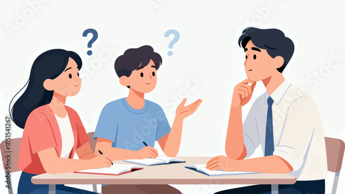 A man, a woman and a boy are sitting at a table. The man is wearing a tie. The woman is writing in a notebook. Scene is serious and focused