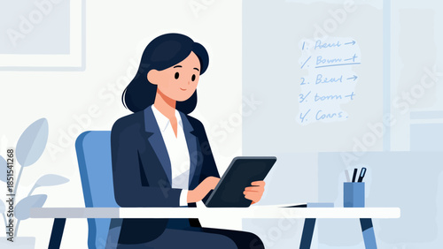 A woman is sitting at a desk with a tablet in front of her. She is smiling and she is working. Concept of productivity and focus
