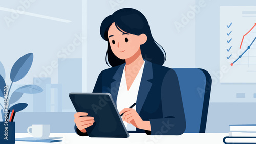 A woman is sitting at a desk with a tablet in front of her. She is smiling and she is working on something