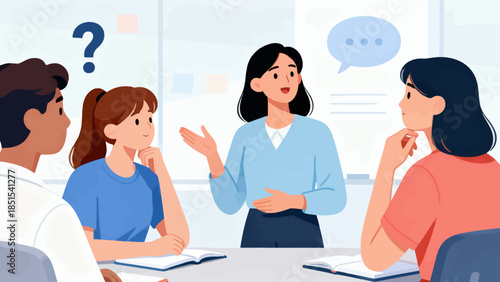 A group of people are sitting around a table with a woman in the middle. The woman is talking and the other people are listening. Scene is serious and focused