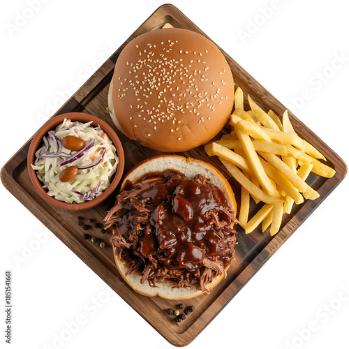 Overhead view of an open pulled pork sandwich with french fries and coleslaw served on a wooden cutting board, isolated on transparent background
