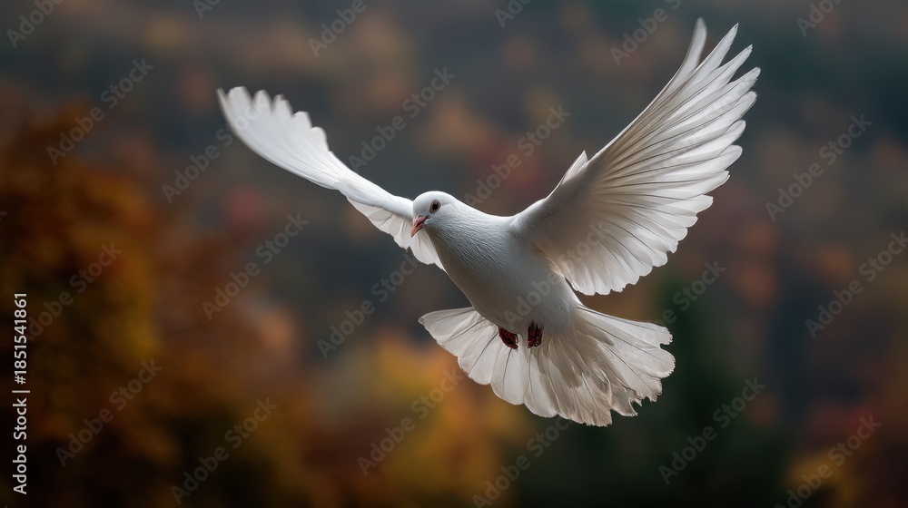 Obraz premium A white bird flies gracefully in the sky with its wings wide open. The background shows colorful leaves and trees under bright sunlight creating a lively scene.