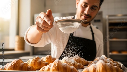 Male baker dusting powdered sugar over croissants, soft bakery photography for artisan pastry branding and food marketing