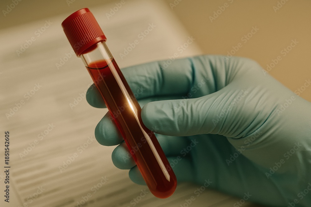 Naklejka premium Blood sample in test tube held by doctor wearing glove with patient information form in background showing health check and preventive care medicine technology