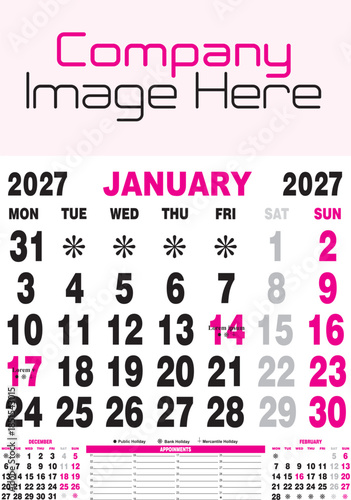Calendar Format template offset print 2 color, Month Year Calendar