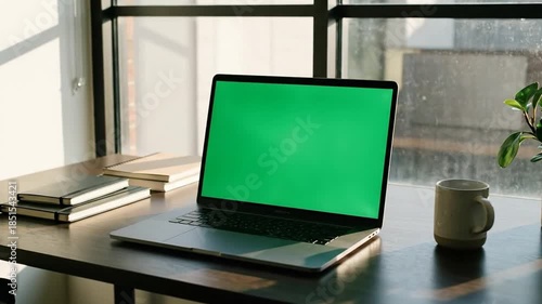 Wallpaper Mural Modern laptop with green screen on wooden desk, workflow, remote work, and technology concept Torontodigital.ca