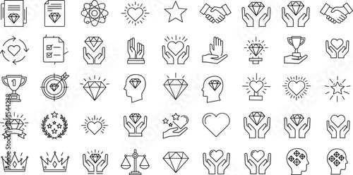 Business core values and quality excellence line icons set including diamonds, hands, trophies, stars, and integrity symbols.