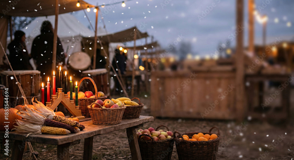Obraz premium Rustic market vignette with kinara on nearby Muhindi and woven baskets of fruits