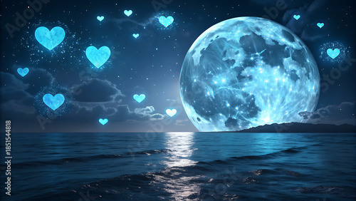 Enchanting night scene featuring a large, glowing blue full moon over dark ocean waves, illuminated by sparkling blue heart shapes floating in the starry sky