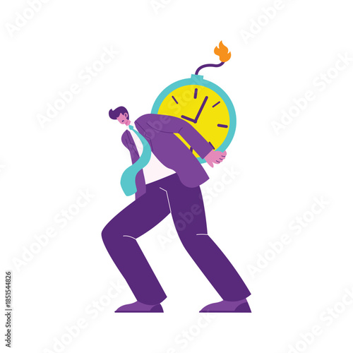 Businessman Carrying Oversized Clock Representing Time Pressure.