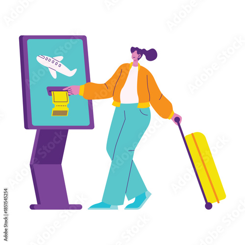Female Traveler Using Airport Checkin Kiosk With Suitcase.