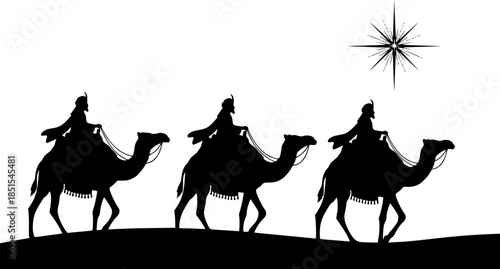 Silhouette Three Kings on Camels with Bethlehem Star – Nativity Epiphany Desert Scene Vector