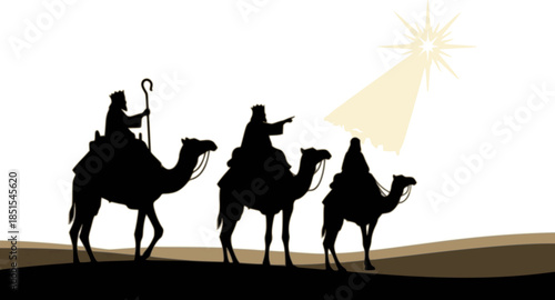 Silhouette Three Kings on Camels with Bethlehem Star – Nativity Epiphany Desert Scene Vector