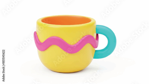 Cheerful Yellow Mug with Pink and Teal Accents, Isolated on White Background