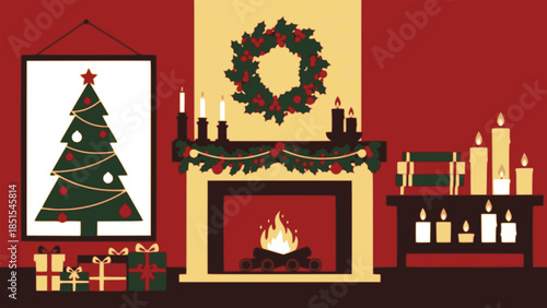 Festive colored vector art with candles books fireplace logs framed christmas tree gifts garland wreath and holiday ornaments in minimalist silhouette style