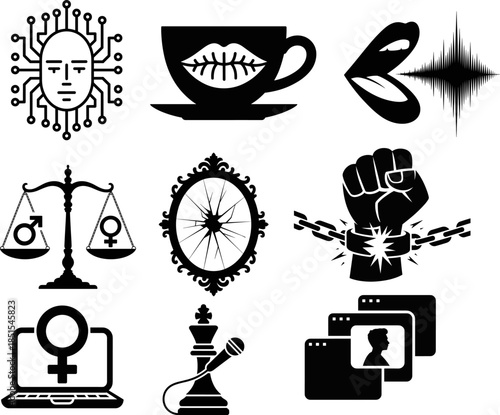 Women's Rights Conceptual Black and White Vector Icons Set: AI, Gender Equality, Freedom, Communication, Digital Identity, Justice, and Social Issues Symbols Collection for Modern Design Projects.