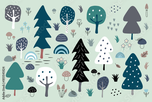 Forest set. Trees, mushrooms, stones, leaves and flowers. Flat cartoon design. Vector illustration. Environment, nature. Black, green, gray, blue and brown colors.