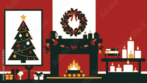 Festive colored vector art with candles books fireplace logs framed christmas tree gifts garland wreath and holiday ornaments in minimalist silhouette style