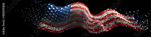 Abstract digital American flag made of glowing particles and light trails on a black background.