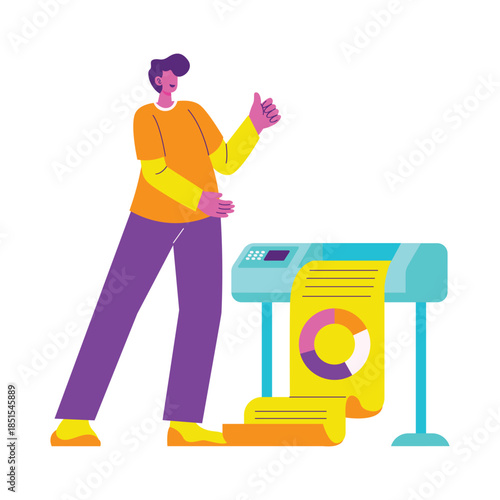 Illustrated person operating large format printer producing chart.