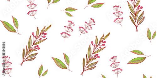 Seamless Floral Pattern with Pink Watercolor Flowers and Green-Brown Leaves on White Background
