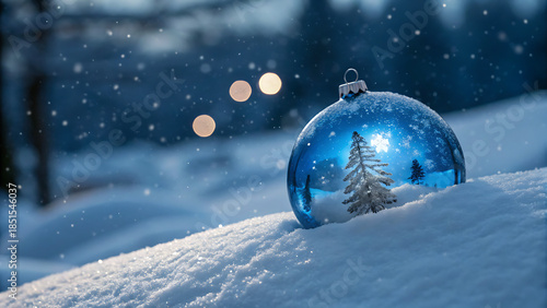 Closeup of a reflective blue christmas ornament resting on a snowy mound outdoors during a gentle snowfall with soft bokeh lights in the background