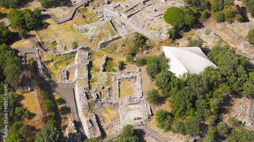 Tevfikiye, Turkey. Imposing defensive walls, towers and the Scaean Gate of the ancient city of Troy, Canakkale. Aerial view, MasterShots, Circle (Close)