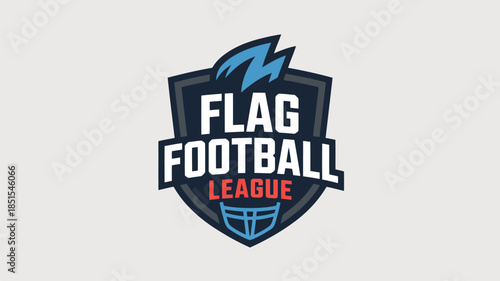A bold emblem featuring the Flag Football League name within a stylish shield
