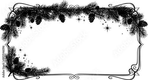 Black silhouette Christmas frame set with pine branch decoration vector illustration for holiday design and winter greeting cards