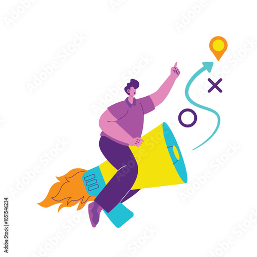 Man Riding Rocket Megaphone Symbolizing Promotion.