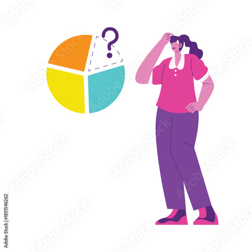 Pensive woman pondering pie chart data.