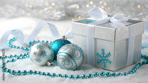 Elegant silver and blue christmas gift box with festive ornaments and beaded garland resting on a snowy white surface with soft bokeh lights in the background