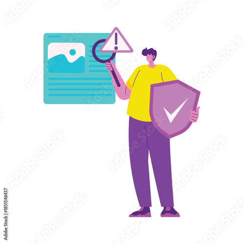 Person holding shield and magnifier moderating content.