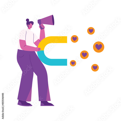 Person Holding Magnet And Megaphone Attracting Social Likes.
